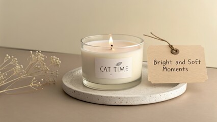 Lit Candle On A Round Beige Ceramic Plate With A Tag