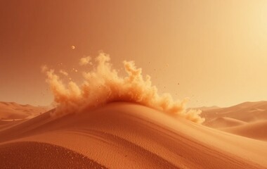 Dust storm erupting over desert sand dunes at sunset