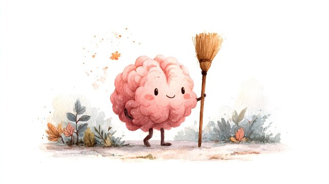 Cute watercolor brain sweeping with broom, mental declutter and mindfulness concept