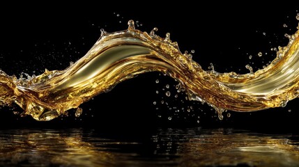 Golden liquid splash on black background creating dynamic waves with droplets highlighting fluid motion and beauty in abstract photography