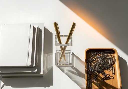 Stylish Office Desk Flat Lay with Golden Pens, Notebooks, and Paperclips in Sunlight - Powered by Adobe