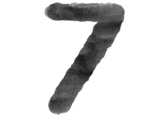 Watercolor Number Seven, 7, black color on transparent background, Abstract isolated background, Illustration, Alphabet handmade of number, Typography, Education, Set 1-100