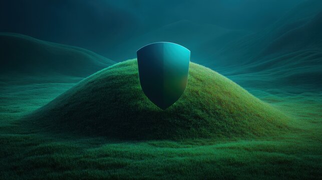 Abstract digital shield design on grassy hill, representing protection, security, safety in a serene and mystical atmosphere, ideal for technology or safety themes