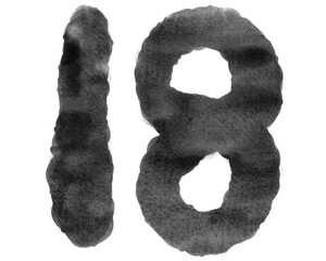Watercolor Number Eighteen, 18, black color on transparent background, Abstract isolated background, Illustration, Alphabet handmade of number, Typography, Education, Set 1-100