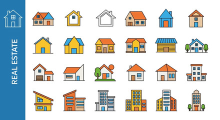 Colorful Real Estate Icons Collection for Home, Buildings, and Property Designs