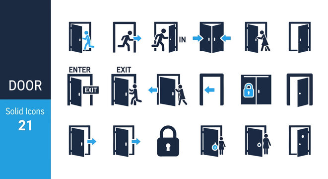 Clean and minimalist collection of 21 solid door icons, perfect for web design, mobile apps, entrance, exit, and access control functionality