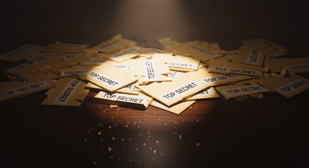 A clandestine collection of classified documents, each stamped Top Secret, rests in a shadowy environment, illuminated by a dramatic spotlight. The scene evokes intrigue, suspense.