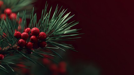Close-up of pine branch with bright red berries against dark burgundy background, creating festive holiday atmosphere for seasonal designs.