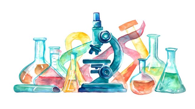 Vibrant watercolor microscope illustration inspires scientific discovery and playful learning concepts