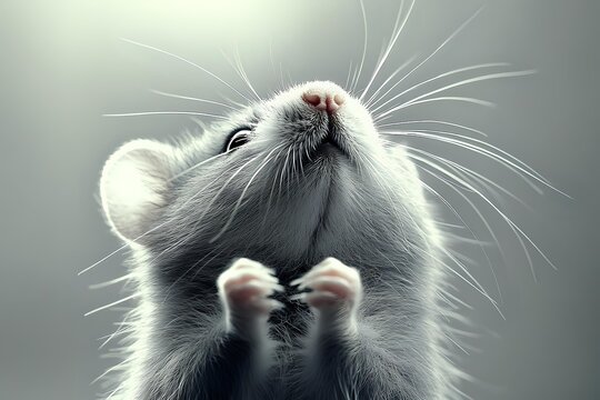 Adorable white mouse looking up with paws together in praying position against soft gray background, showcasing long whiskers and cute expression.