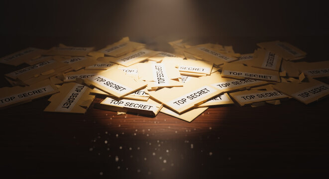 A clandestine collection of classified documents, each stamped Top Secret, rests in a shadowy environment, illuminated by a dramatic spotlight. The scene evokes intrigue, suspense.