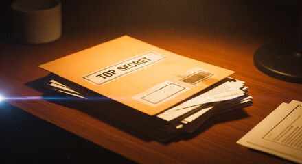 An intriguing close-up of a Top Secret envelope rests atop a stack of documents on a dimly lit wooden desk, suggestive of clandestine operations and classified information.