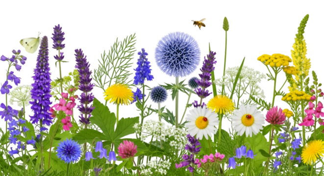 Diverse Wildflowers with Butterfly and Bee meadow nature - Powered by Adobe