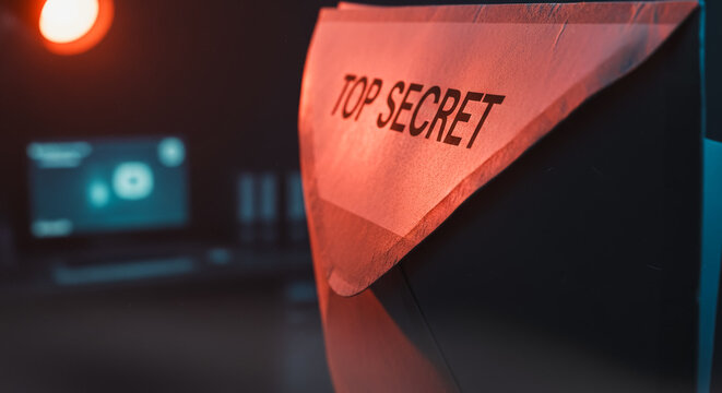A dramatically lit close-up of a confidential document, marked 'Top Secret', hinting at espionage, intrigue, and classified information. - Powered by Adobe