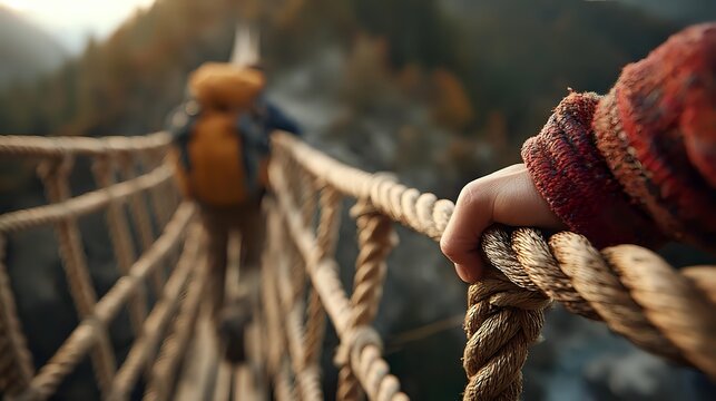 Person holding rope on suspension bridge with hiker crossing in autumn mountain landscape, adventure travel concept. - Powered by Adobe