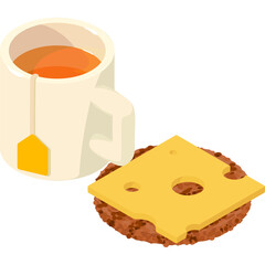 Isometric Illustration Of A Cup Of Tea And A Mini Burger With Cheese On A White Background