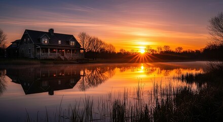 Fototapeta premium Serene lakeside house at sunset with calm water reflecting vibrant sky and surrounding trees