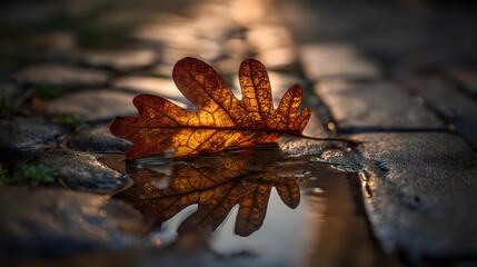 Fallen autumn oak leaf with water droplets reflecting golden sunlight on wet cobblestone pavement after rain.