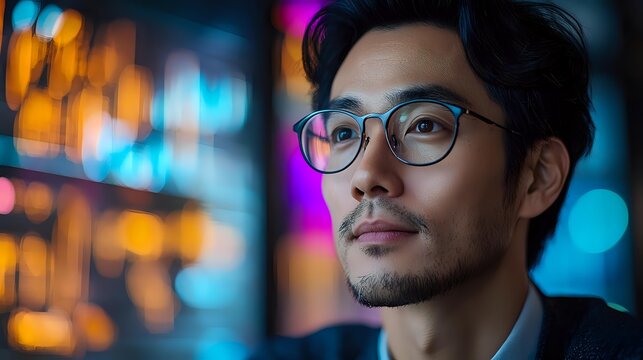 Young Asian man with glasses in urban night setting with colorful bokeh lights in background, contemplative expression on face.