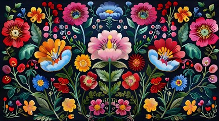Vibrant folk art floral composition with colorful blooms against dark background. Traditional decorative botanical pattern with stylized flowers, berries and leaves.