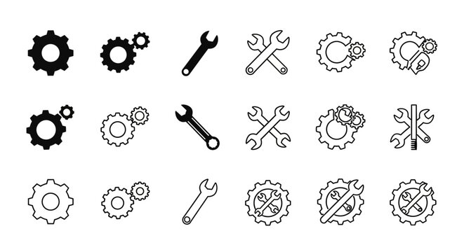 Comprehensive icon pack with cogwheel and spanner symbols for technical support, configuration, and maintenance interfaces