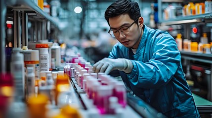 Asian male scientist in blue lab coat examining colorful test tubes in modern laboratory with gloved hands, focused on pharmaceutical research.