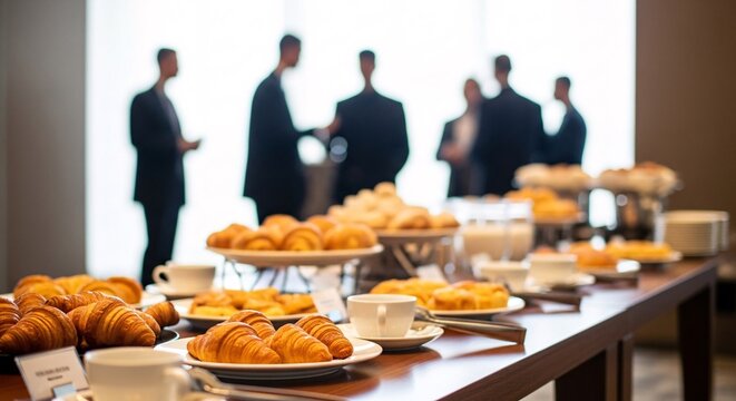 Business breakfast at conference event catering during company seminar close up view Coffee and croissants on table with colleagues at background