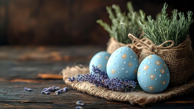 Blue Easter eggs with gold polka dots on burlap with fresh rosemary and lavender against rustic wooden background, perfect for holiday celebrations.