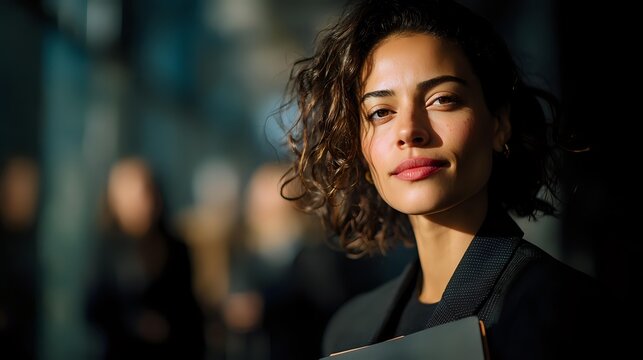 Young mixed-race businesswoman with curly hair smiling confidently in warm sunset light, holding documents against blurred urban background.