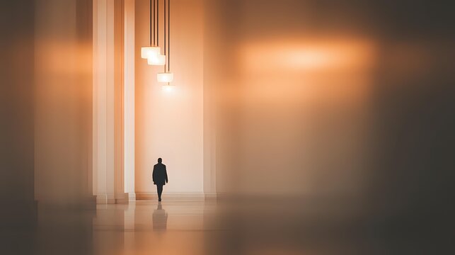 Solitary businessman walking through minimalist corridor with warm lighting and long shadows, creating atmosphere of corporate solitude. - Powered by Adobe