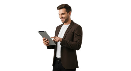 Confident young professional using a tablet device to analyze data and connect with clients online today