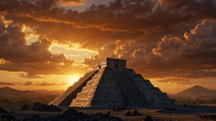 the sun is setting behind the pyramid