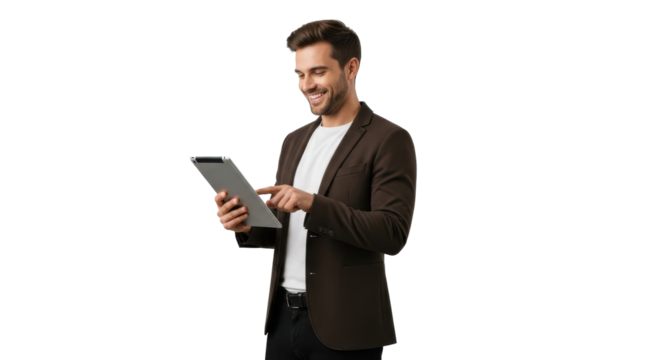 Confident young professional using a tablet device to analyze data and connect with clients online today - Powered by Adobe