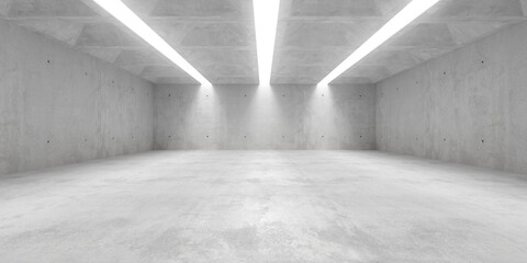 Modern concrete brutalism architeture room woth three stripe light openings and structured ceiling - empty abstract industrial interior background template