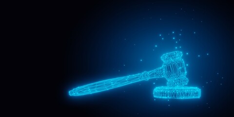 Blue glowing low poly wireframe wooden gavel, judges hammer or mallet on dark background with copy space, law, legal or court concept