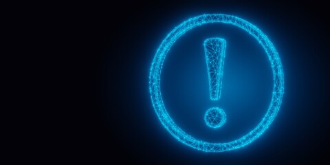 Blue glowing low poly wireframe exclamation mark in surrounding circle over dark background, idea, solution or communication business concept background with copy space