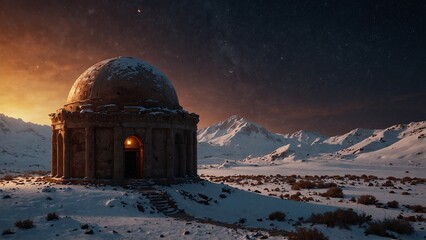 a building in the middle of a snowy landscape