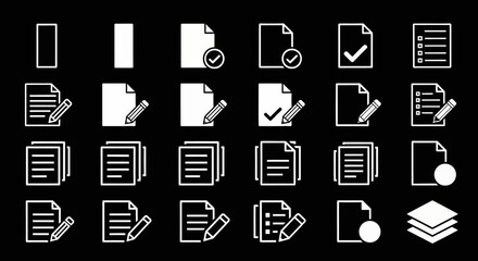 Comprehensive vector icon set illustrating various document management, editing, and file status operations for digital interfaces. A clean and modern collection of graphic symbols for applications