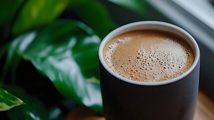 Freshly brewed coffee in gray ceramic cup with creamy foam surface against blurred green plant leaves background for cafe menu or blog.