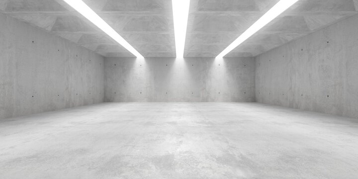 Modern concrete brutalism architeture room woth three stripe light openings and structured ceiling - empty abstract industrial interior background template