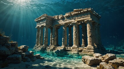 an underwater photo of a temple in the ocean