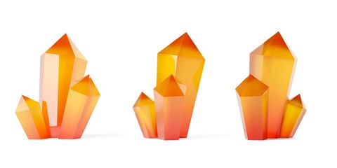 Groups of three red to orange colored gemstones or crystals on white background