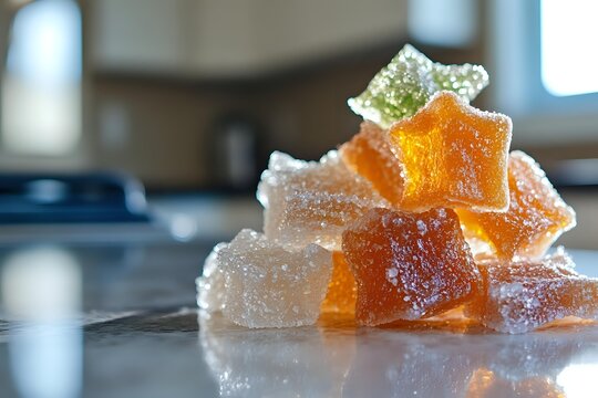 Colorful sugar-coated fruit jelly candies stacked on kitchen counter, close-up view showing orange, green and clear cubes with crystallized sugar coating.