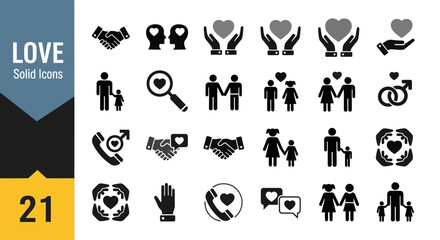Comprehensive collection of modern solid love and relationship icons, ideal for illustrating affection, partnership, and family bonds in digital designs