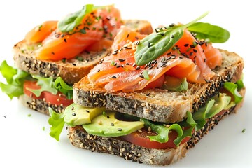 Gourmet sandwich with smoked salmon, avocado, and fresh vegetables on multigrain bread, garnished with basil and black pepper.