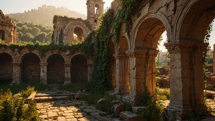 the ruins of an old building are covered with ivys
