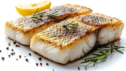 Grilled fish fillets with crispy skin, served with fresh rosemary sprigs, colorful peppercorns, and lemon slice for culinary presentation.
