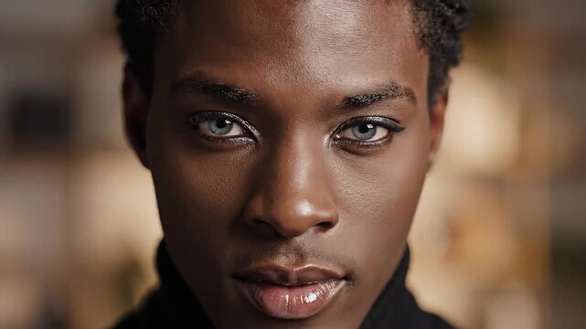 Close up of a person with dark skin, light blue eyes, and black turtleneck, looking directly at the camera