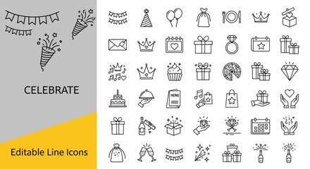 Collection of Line Icons for Celebrations Birthday, Party, Events, and Festive Occasions