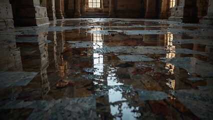 a reflection of a building on the floor